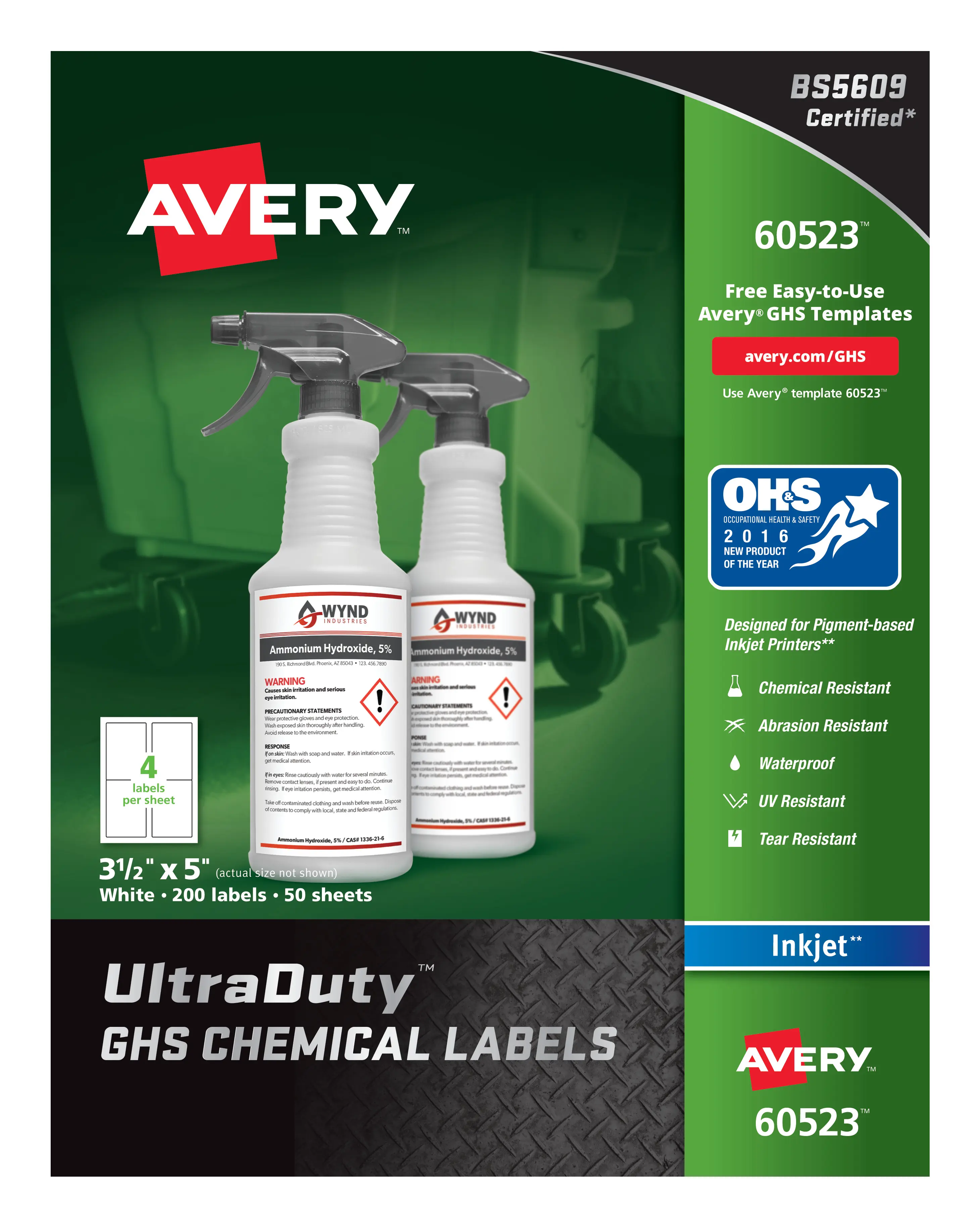 Avery UltraDuty GHS Chemical Labels for Pigment Inkjet Printers - Chemical Labeling Solution with Permanent Adhesive, Waterproof, UV Resistant, 3.5" x 5", 200 Labels (60523)