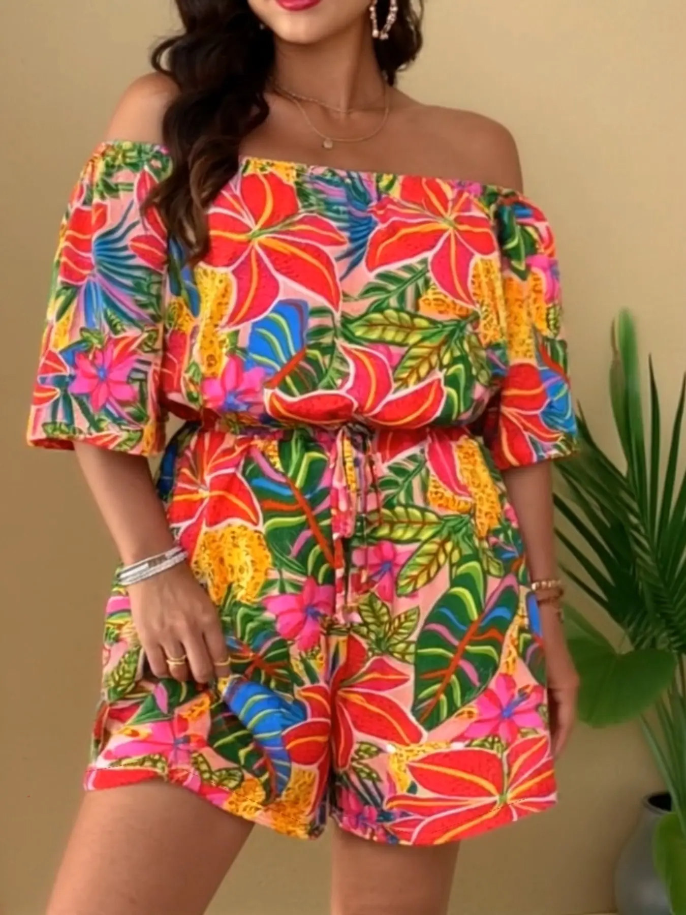 New Floral One-Piece Pants, Casual Off-Shoulder Short Sleeve Shorts, Women's Printed Shoulder-Revealing Dress, Trendy Fashion Apparel, Fashionable Jumpsuit, Casual Summer Jumpsuit, Bohemian, Boho Casual Jumpsuit