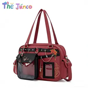 THE JUNCO Original Sylus ITA Bag – Red Gothic Large Crossbody Backpack with Clear Front Pocket, 3-in-1 Convertible Design for School, Work & Conventions, Perfect for Displaying Pins, Charms & Huge Collections