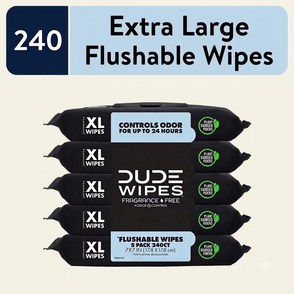 DUDE Wipes Fragrance Free Odor Control XL Wet Wipes 48 Count 5 Pack Flush Safe Unscented Personal Cleansing Wipes
