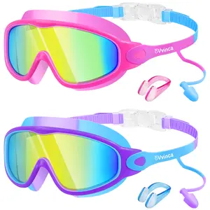 [Spring Shine]Vvinca kids pool accessories-Swim Goggles with Earplugs& Nose Clip Wide View Anti-Fog/UV Swimming Goggles for Age 3-14 Boys Girls Noseclip