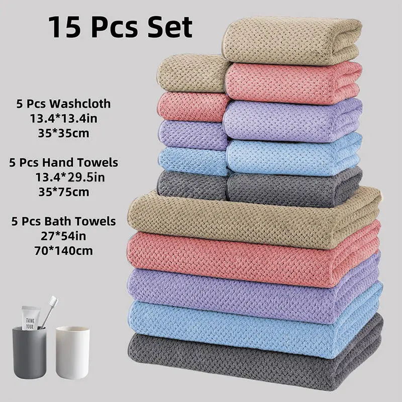 5pcs Pineapple bath towel set, Towel Set, Shower towels, 5 bath towels + 5 hand towels + 5 square towels, absorbent and quick-drying coral fleece towels, perfect for bathroom, hotel, travel, swimming, gift, home use, Bathroom Towel Sets, Premium Towel Set
