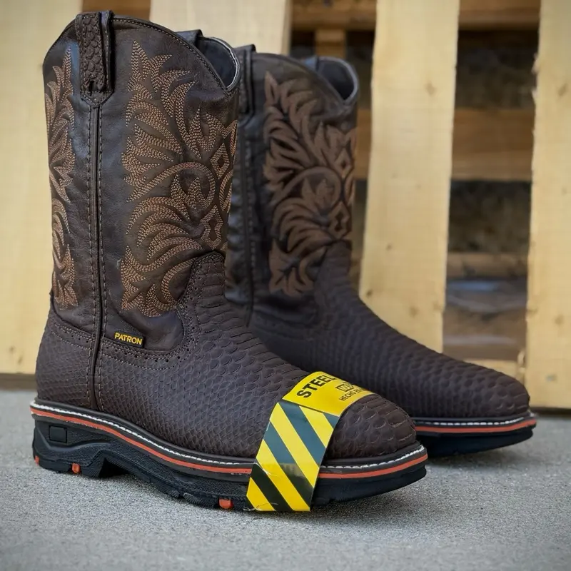 9838 Cafe Embossed Print Mens Steel Toe Boots Western Style Safety Square Toe