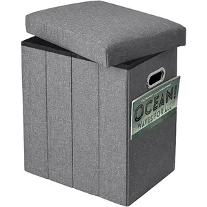 Tall Ottoman with Storage Collapsible Fabric Small Slim Folding Ottoman Furniture with Handles Lid for Room Footrest Foot Stool Linen Grey 16.5x16.5x11.8in