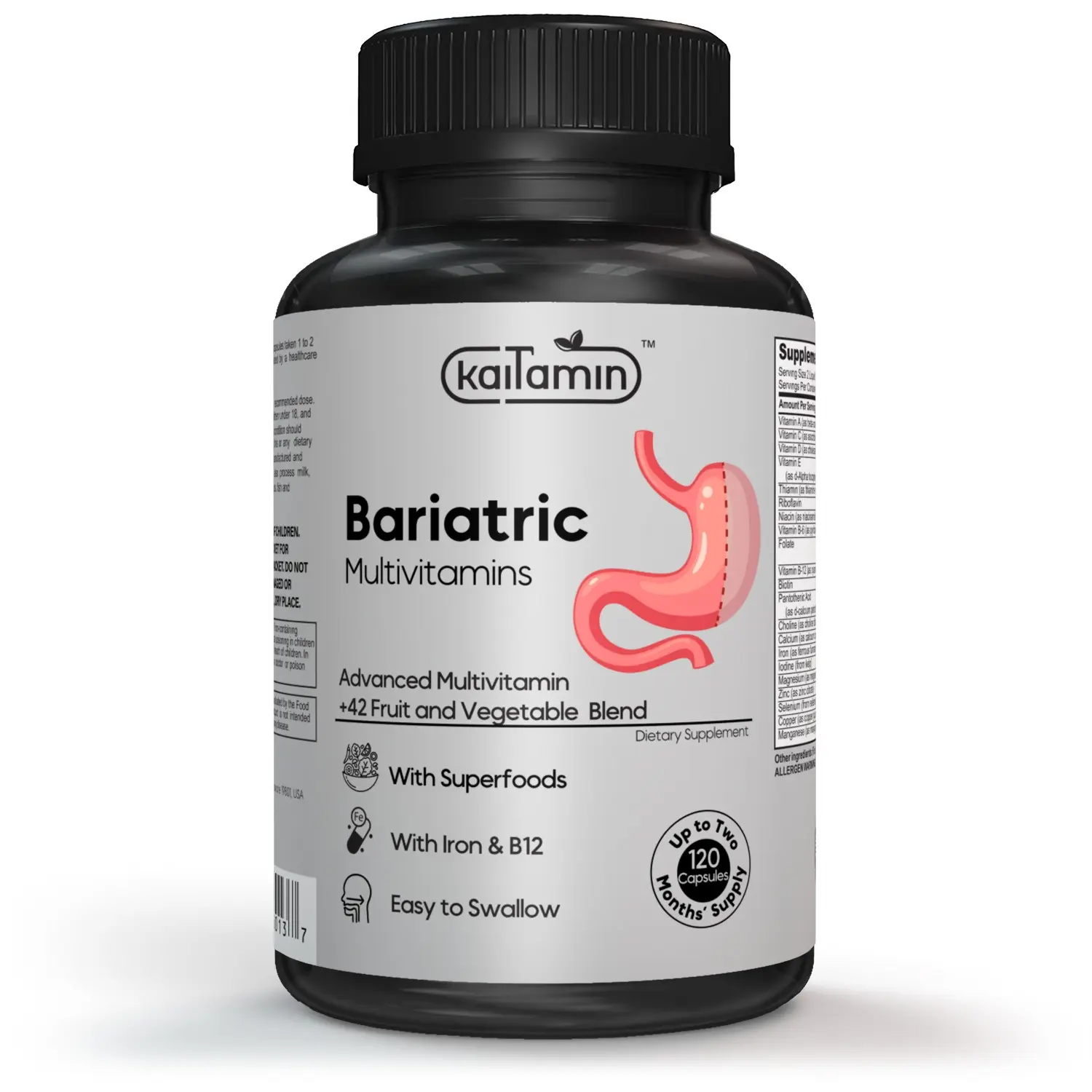 Kaitamin - Bariatric Multivitamin with Iron and B12, 120 Liquid Capsules Supplement for Post Bariatric Surgery, Post Sleeve and Post Bypass, Healthcare Fitness Edible Adult Organic