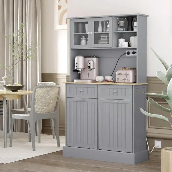 Bellemave HOMCOM 68" Freestanding Kitchen Hutch Sideboard (39.4"w x13.8"d x67.7"h) with USB Charging Port, 2 Tilt-Out Trash Cabinets, Microwave Stand, Glass Doors, Adjustable Shelf, Storage for Laundry Room, Bathroom