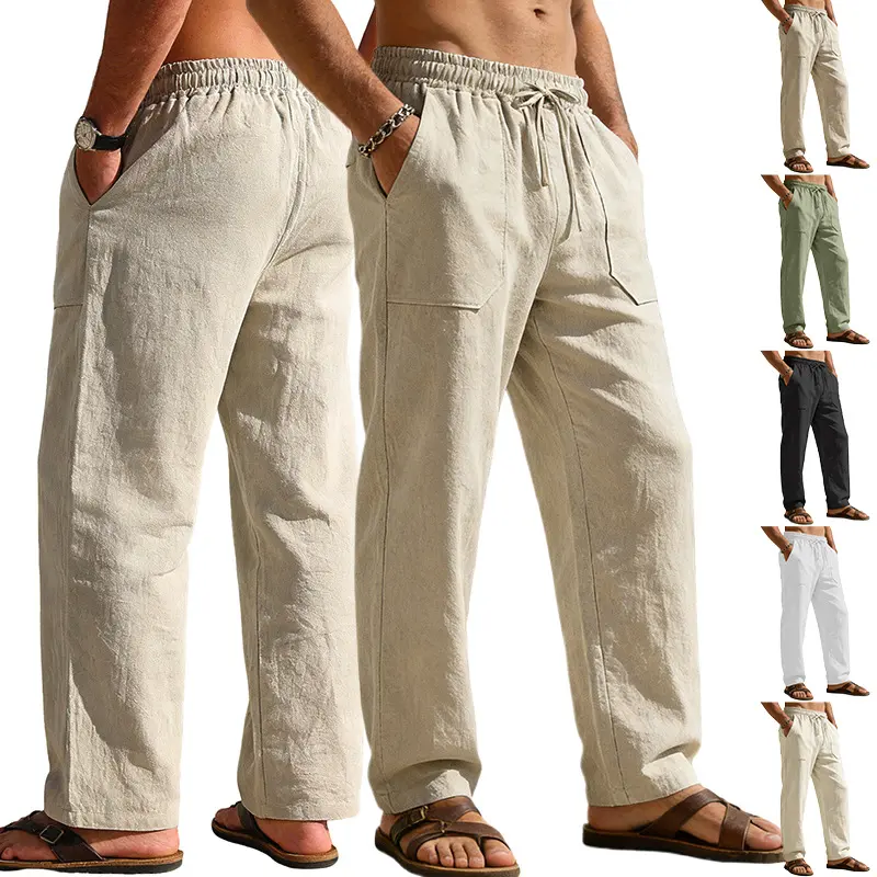 Men’s Linen-Texture Straight-Leg Casual Pants, Adjustable Drawstring Waist, Large Pockets, Breathable Sweat-Wicking Fabric, Ideal for Beach Vacations & Everyday Walks, Suitable for Young-Middle-Aged Individuals