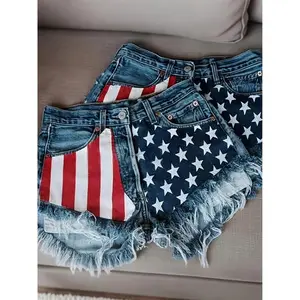 American Flag Distressed Women's Denim Shorts with Patriotic Stars & Stripes Design, Fitted Comfortable Bottom, Polyester Fabric, Womenswear Blue Cotton