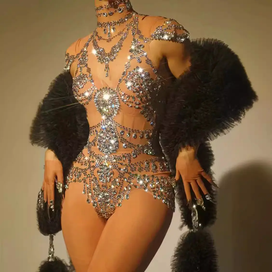 Women's Sleeveless High Neck Rhinestone Bodycon Bodysuit, Silver Party Birthday Costume Top (Shawl Not Included), Tops, Mesh, Festival, Sheer, Nightclub, Light