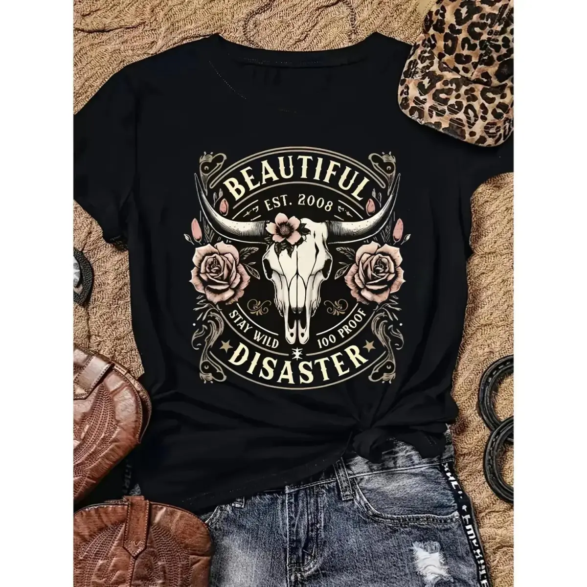 Women's Breathable Oversized Cotton Boxy Short-Sleeve Western Cowboy T-Shirt - Black, Bull Skull Floral Design, Vintage 2008 Text, Casual Chic Athletic Spring Summer Outdoor Tee, Country Concert Outfit, Thanksgiving, Easter, Valentine's Day, Top, Western