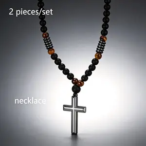 Black Onyx Hematite 8mm  and Tiger Eye Beaded Necklace with Cross Bracelet Set Triple Protection Religious Jewelry for Anxiety Relief