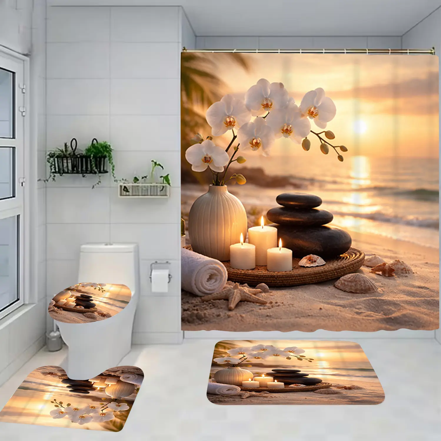 1/4 piece white orchid beach sunset design bathroom set, including soft floor mat, toilet seat cushion, Removable shower curtain, home decoration, rebound of floor mat, water absorption, anti slip, preferred gift giving option