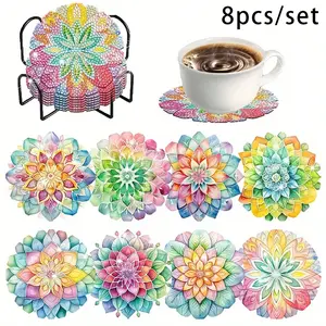 8-Piece Diamond Art Cup Mat Set with Stand, Diamond Painting Coasters, DIY Flower Pattern Series, Suitable for Adults and Beginners, Perfect Gift for Friends