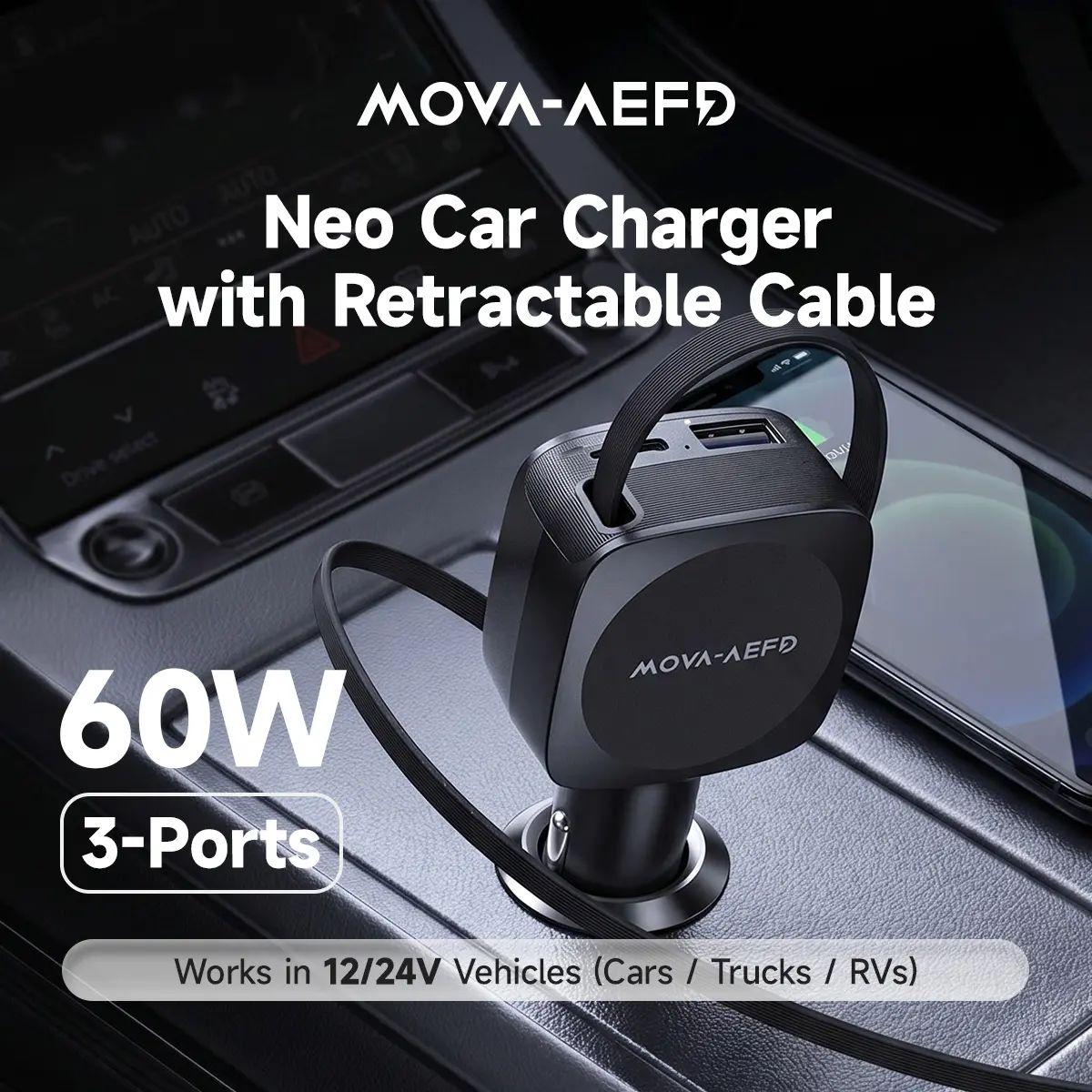 MOVA-AEFD Neo Car Charger, 60W Max Fast Charging, Built-In Retractable USB-C Cable, 3 Ports (2 USB-C, 1 USB-A)