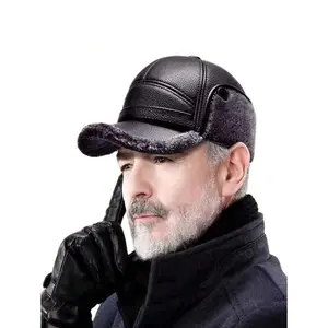 Winter Gift for Dad - Extreme Warmth Trapper Hat with Luxury Plush Earmuffs, Windproof Cold Weather Hat for Father, Elderly Men's Winter Essential hood windproof Barrel Type Thunder Cap Pu Leather mens hats Vibrant Textured Pattern