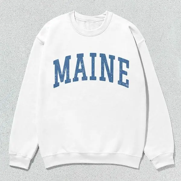 Maine Collegiate Crewneck Sweatshirt, Unisex Vintage Distressed Graphic Long Sleeve Casual Pullover Top for Men and Women, Tops, Menswear, Comfortable Wear, Distressed Look, Preppy, Graphic Print, Distressed Slogans