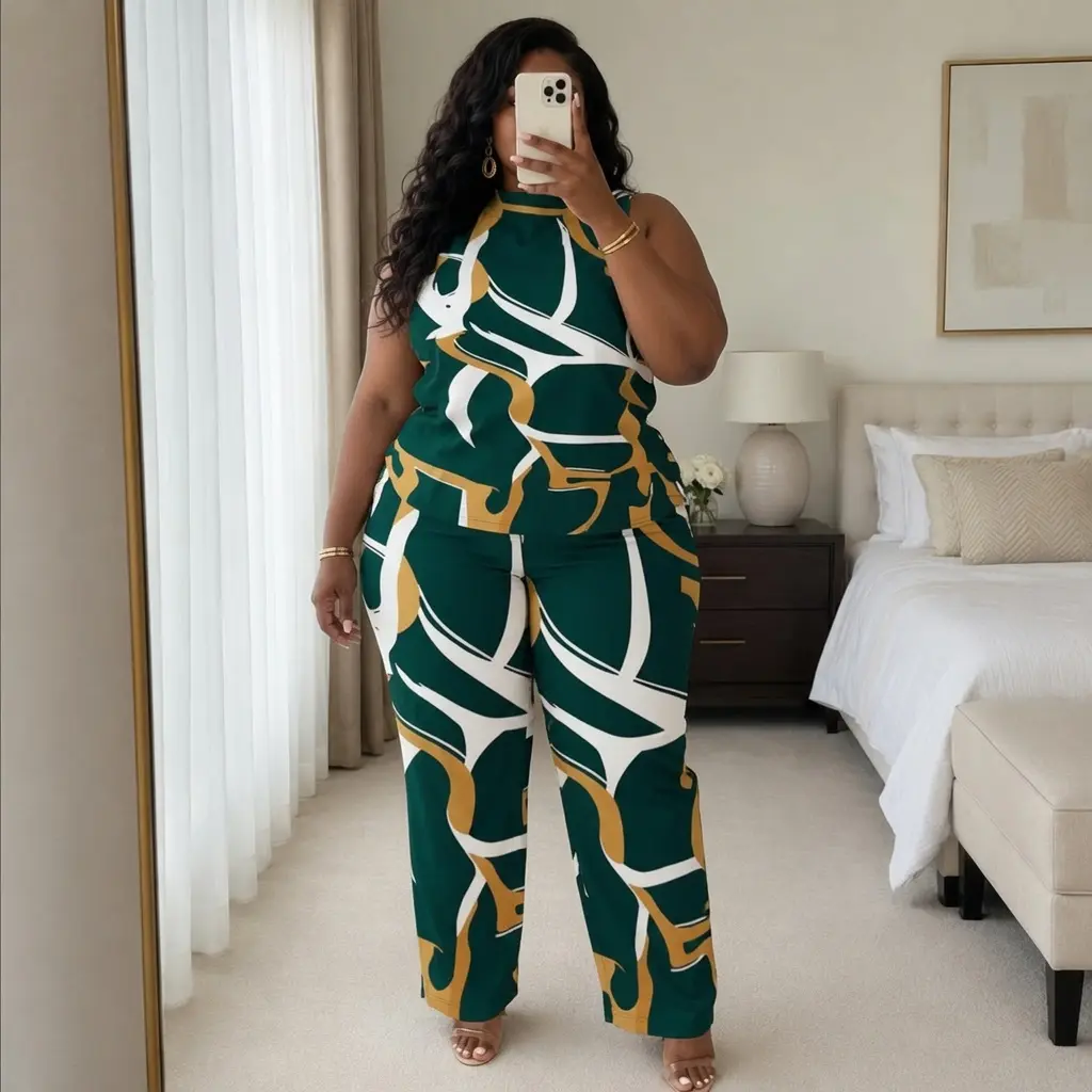 Plus Size 2 Piece Set for Women, Sleeveless Abstract Print Mock Neck Top & High Waist Wide Leg Palazzo Pants, 2 Piece Sets, Plussize, Women 2 Piece Sets