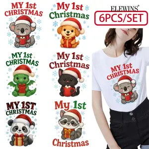 6 First Christmas Iron-On Decors - DIY Heat Transfer Decorative Patches for T-Shirts, Jeans, Hats, And Bags. Easy-To-Peel And Stick Fabric Transfers That Can Be Ironed Onto Clothing, Backpacks, And Denim Fabrics. Fun, Handmade Home Decor Stickers Perfect