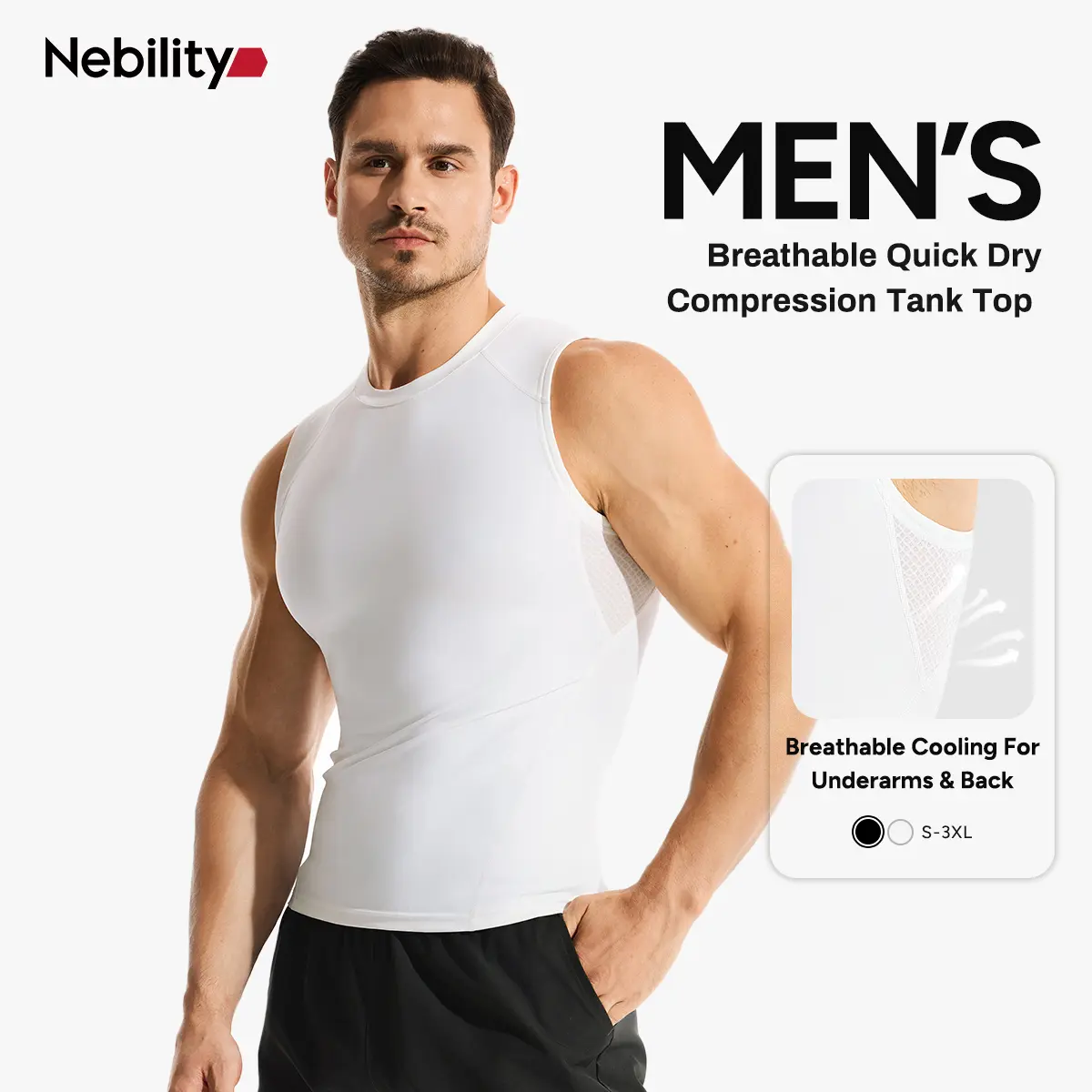 【New Arrival】Nebility Men's Active Series Compression Tank Top, Slim Fit Muscle Shaping Gym Shirt, Breathable Sweat-Wicking Sleeveless Shirt for Training, Running and Fitness