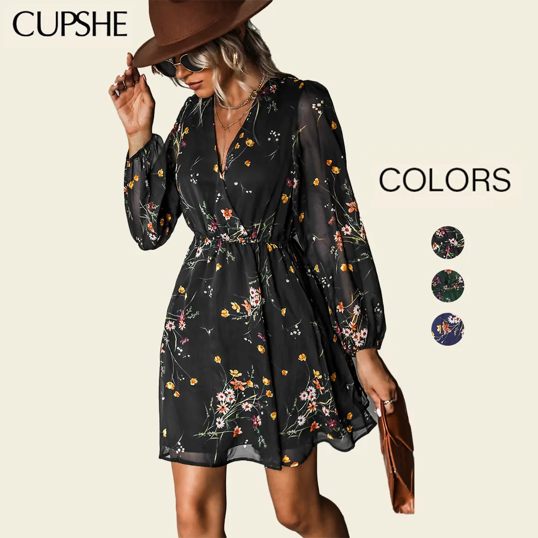 CUPSHE Women's Navy Ditsy Floral Polyester Woven Chiffon A-Line Mini Dress - Surplice Neck, Long Peasant Sleeves, Elastic Waist Moves With You, Casual Boho Soft Outfit, Sheer, Regular Wash, Boho Clothes For Women, For Vacation, Watch Party #summerfinds, C