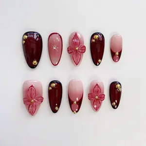 Burgundy Flower Press On Nails, Long Almond, Red and Gold Chrome