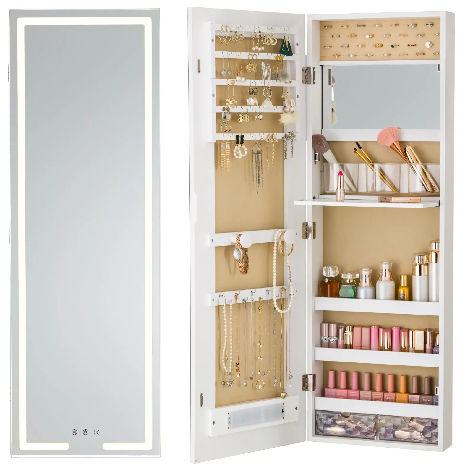 LED Mirror Jewelry Cabinet Wall Mounted 42" Tall Full Length Mirror with Storage 3 Color Modes Vanity Table Over The Door Hanging Armoire White School Dormitory Storage