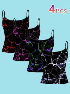Vibrant Neon Crackle Print Halter Top, Cyberpunk Style Slim Fit Crop Top, Four-Piece Set for Women, Trendy and Stylish