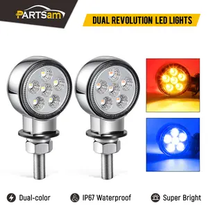 Partsam 2Pcs 2" Round Double Face 10LEDs Turn Signal Pedestal Fender Light, Amber/Red To Blue Auxiliary Lights, T-Mount, Clear Lens