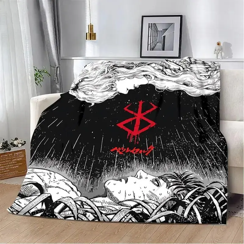 Berserk Guts Griffith Microfibre Fleece Throw Blanket - Brand Of Sacrifice Anime Art, Dark Fantasy Otaku Gift, Single Layer, Wrinkle Resistant, Breathable, Fade Resistant, All Seasons, Black White Red Japanese Merch, Soft Bed Sofa Cover, Machine Washable