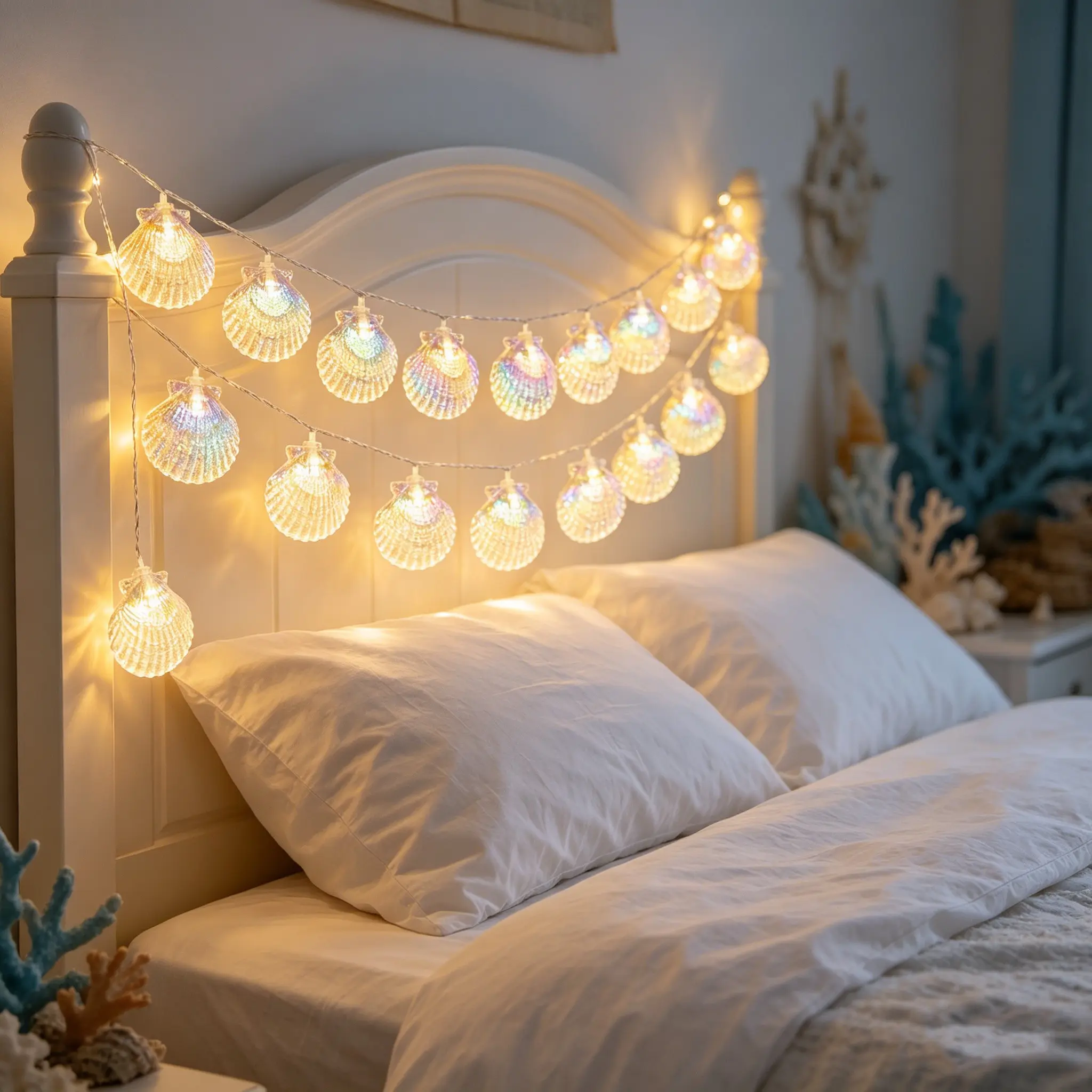 Shell and Starfish Combo String Lights, 3m/1.5m Battery Powered, Warm Light Atmosphere Decor, Bedroom Party Wedding Decoration, Nightlight