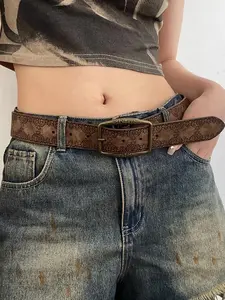 Boho 1pc Brown Pu Leather Belt With Antique Bronze Buckle And Printed Pattern Halloween Summer, School Fall, Autumn, Halloween