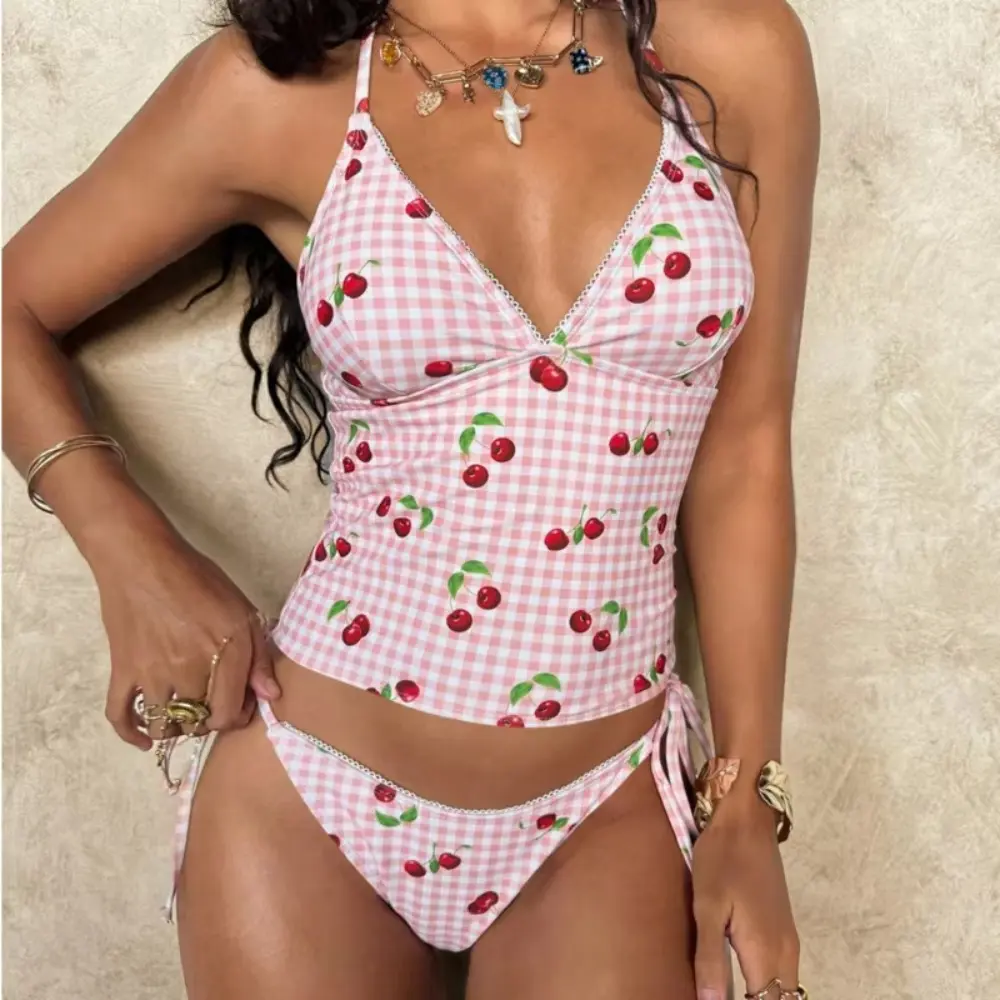 2026 Women's Pink Gingham Cherry Print Two-Piece Tankini Swimsuit, Halter V-Neck Tank Top with Ruched Side Ties, High Cut Side Tie Bikini Bottom, Retro Sweet Bathing Suit for Beach & Pool,Summer Vibes