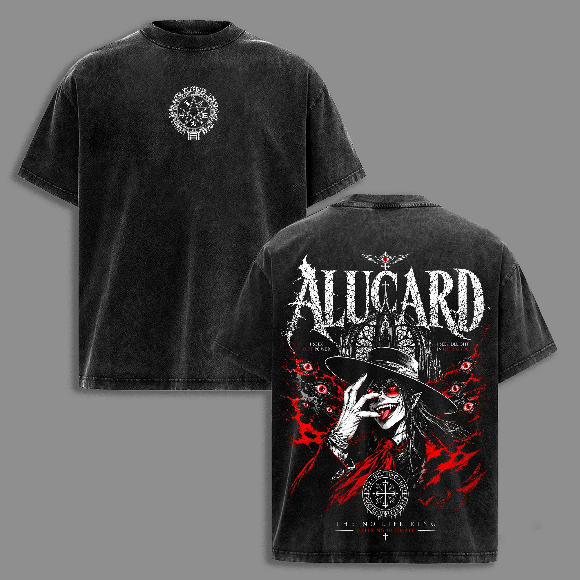 Alucard Hellsing Vintage Washed T-Shirt | Vampire Hunter Anime Graphic Tee | Oversized Cotton Streetwear Shirt | Dark Gothic Manga Unisex Fan Gift