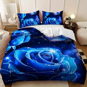 Bedding 3-piece set - 3PCS,Spring Happy Blue Rose Blue Butterfly Design Down Comforter Set (1 comforter cover + 2 pillowcases, filling not included) soft and comfortable, suitable for family bedrooms, Bed Sheets Set