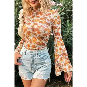Orange Floral Printed Bell Sleeve Mock Neck Scallop Trim Blouse