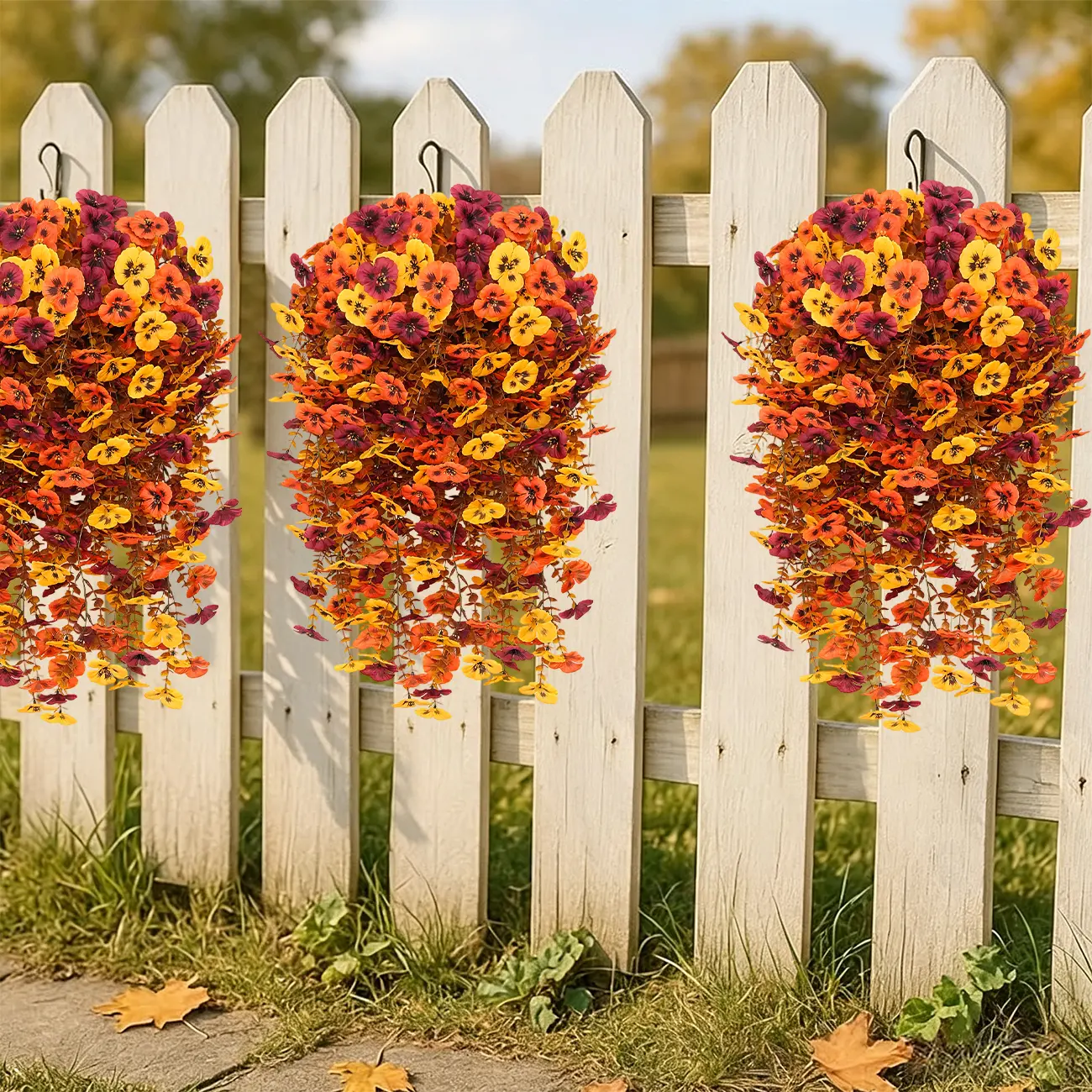 8Pcs UV Resistant Artificial Hanging Flowers, Faux Silk Pansy with Eucalyptus Leaves, Realistic Fake Plants for Outdoor Indoor Planter, Porch Patio Yard Fall Autumn Home Decor