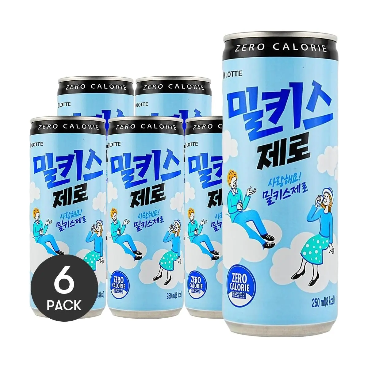 LOTTE Milkis Zero Calorie Milk Soda Drink, 250ml Cans (6 Pack) - Korean Carbonated Beverage with Lactic Acid Bacteria, Refreshing Milky Flavor