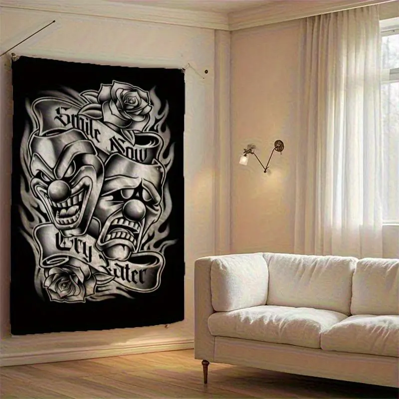 Stylized Art Wall Tapestry - Black & White Clown Face & Roses Design, "Smile Now Cry Later" Motif, Wrinkle Resistant Synthetic Polyester, Funny Decor Room Art for Living Room Home Supplies