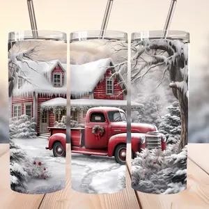 Red Farm Truck Christmas Snow Barn Pattern 20oz Stainless Steel-Christmas Tumbler