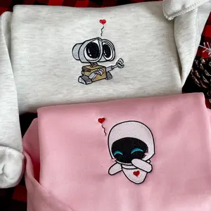 Couple Robot Embroidery Sweatshirt, Cute Cartoon Movie Inspired Embroidered Shirt, Matching Christmas Hoodie, Gift for Him Her