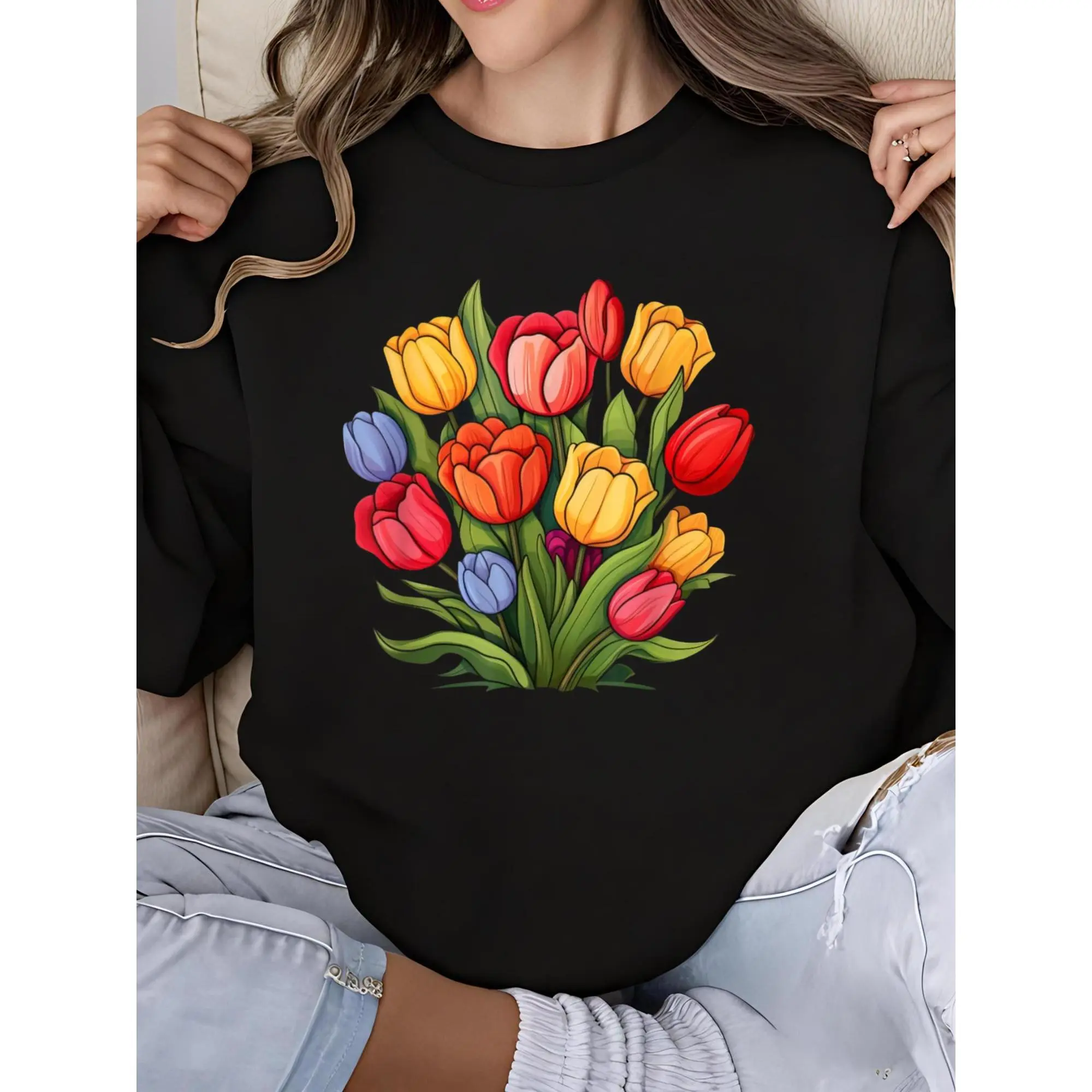 Fitted Floral Tulip Print Sweatshirt for Women, Soft Long Sleeve Crew Neck Pullover for Casual Spring Loungewear, Round Neck, Party, Digital Print, Geometric, Cartoon, Chic, Cute, All Seasons