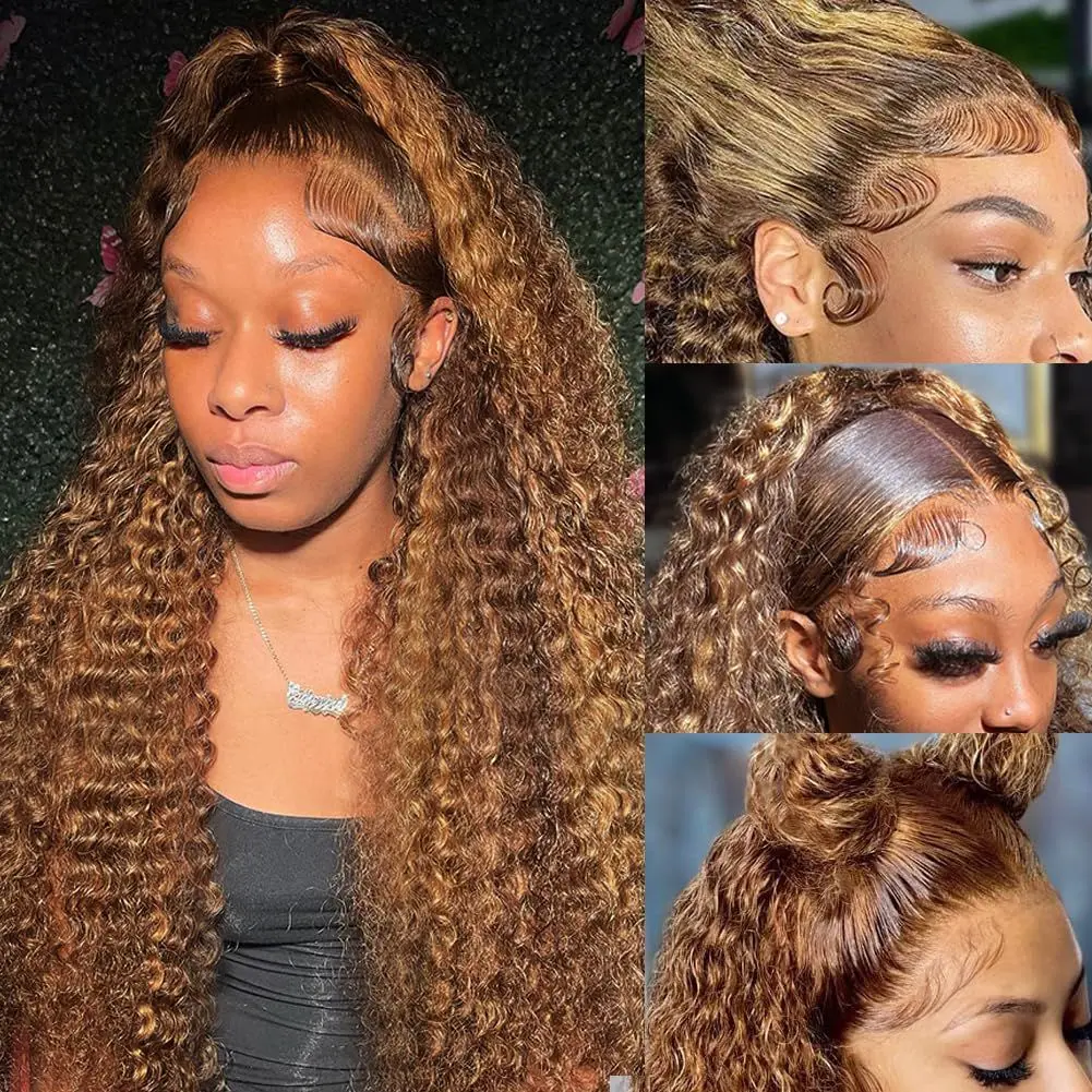 13x6 Deep Wave Lace Front Wigs 30 Inch 4/27 Honey Blonde 200 Density Human Hair Pre Plucked HD Lace Frontal Wig for Women Deep Application Compatible