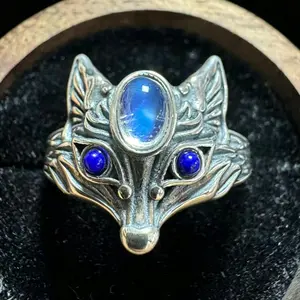 Fox Head Moonstone Adjustable 925 Silver Ring