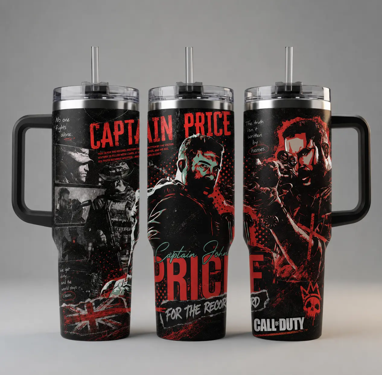 Captain Price For The Record Printed Insulated Tumbler - Call of Duty 20oz Stainless Steel Drinkware with Handle, Straw, Lid, Reusable for Coffee, Hot/Cold Drinks, Video Game Fan Merch, Insulation, Silicone