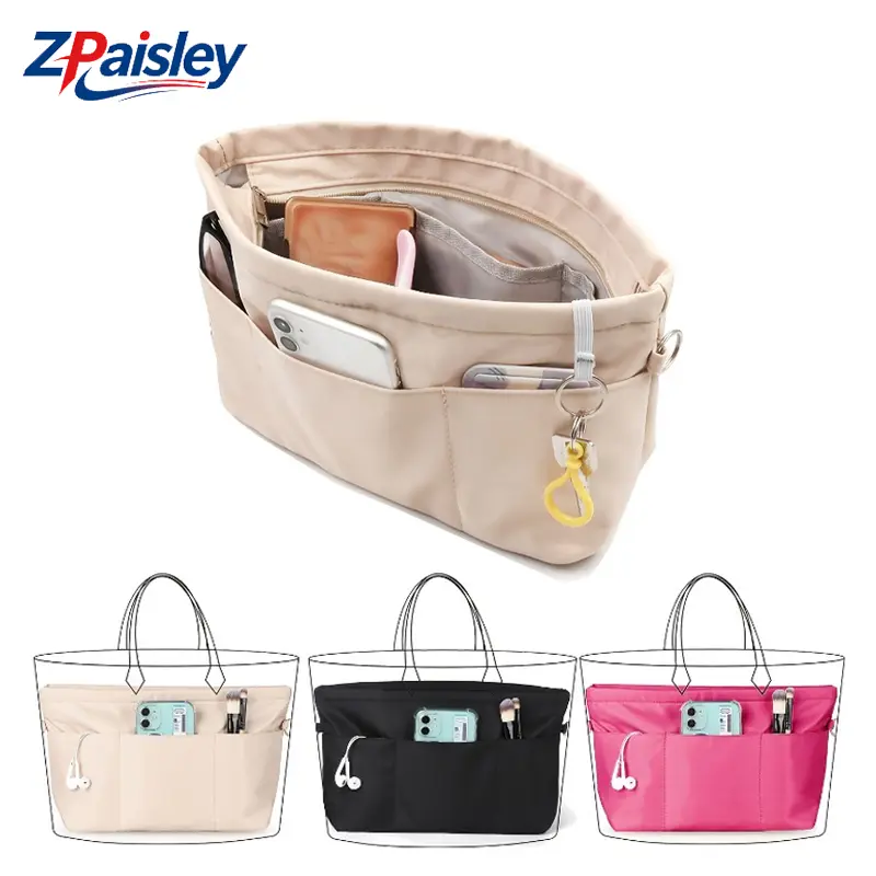 1Pc Multi Pocket Tote Bag Organizer Insert with Zipper, Waterproof Nylon Purse Organizer for Women, Handbag Inner Pouch for Work Travel Daily Use