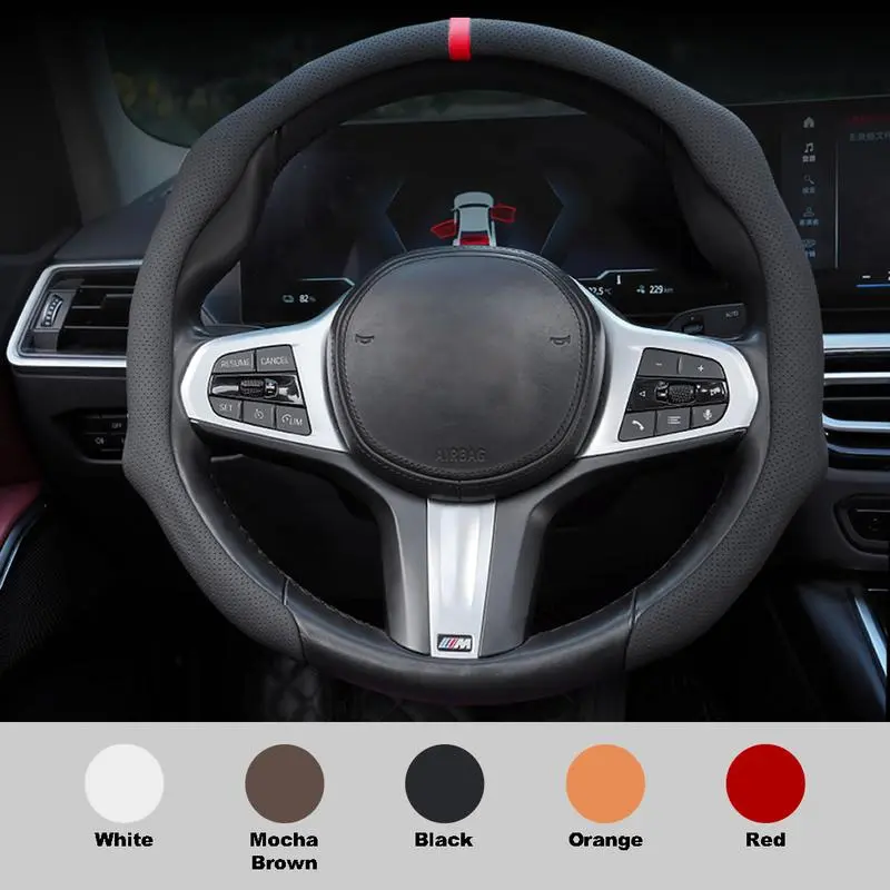 Nappa Leather 5D Universal Steering Wheel Cover with Centering Mark Quick Install Non Slip Breathable Ultra Thin Fit for All Seasons Automotive Accessory White Premium Quality Wheel Cover for Modern Design