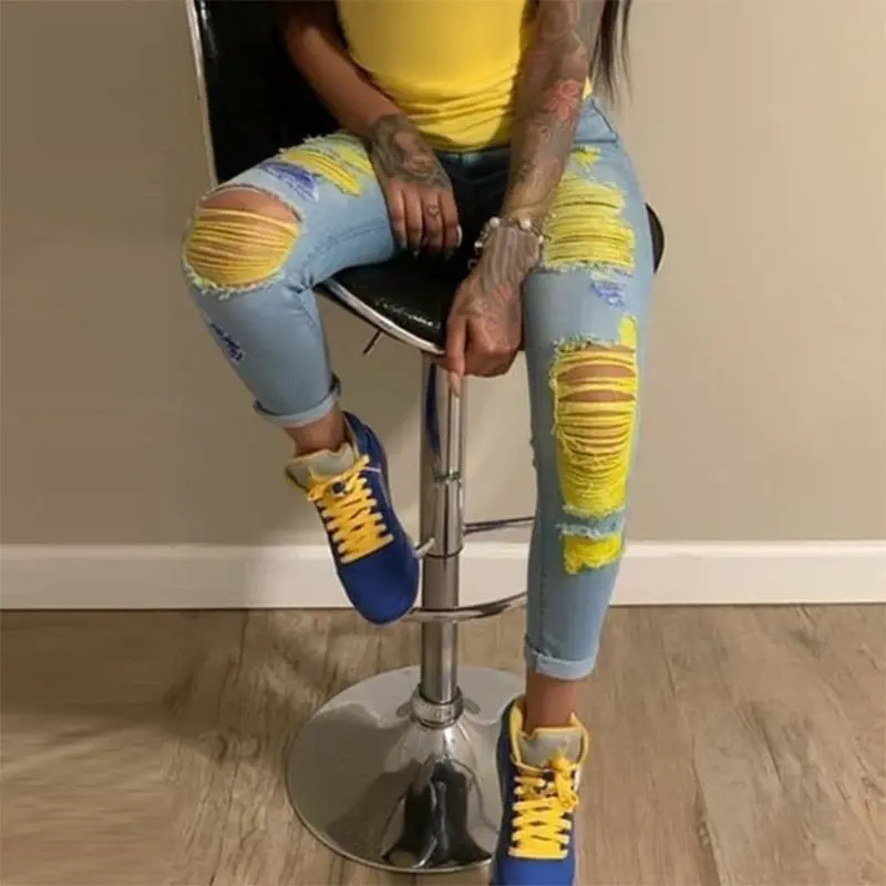 Women's street light color ripped jeans Women's street light color ripped jeans
