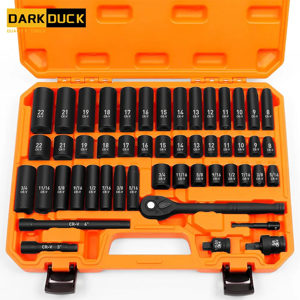 DARK DUCK 50pcs Cr-V Steel for Toughness Hand Tools Set - 3/8-Inch Drive Ratchet Handle Extension Bars, Multi-Size Ratchet & Socket Sets (SAE 5/16-3/4 In, Metric 8-22mm), Impact-Ready Repair Wrench Hardware with Gloves