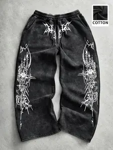 Unisex, Same style for men and women, Gothic-inspired thorns Graphic print wide-leg casual pants made of soft cotton fabric, casual Gothic style, streetwear, suitable for daily wear, campus life, neutral fashion items, holiday gifts