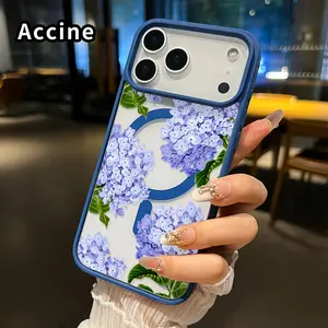 Magnetic Phone case for iPhone 17 16  Pro Max Plus 15 14 13 12 11 Air E Lavender Hydrangea Grace Pattern Non-Yellowing Shockproof Soft Silicone Transparent Acrylic Cover Supports Wireless Charging